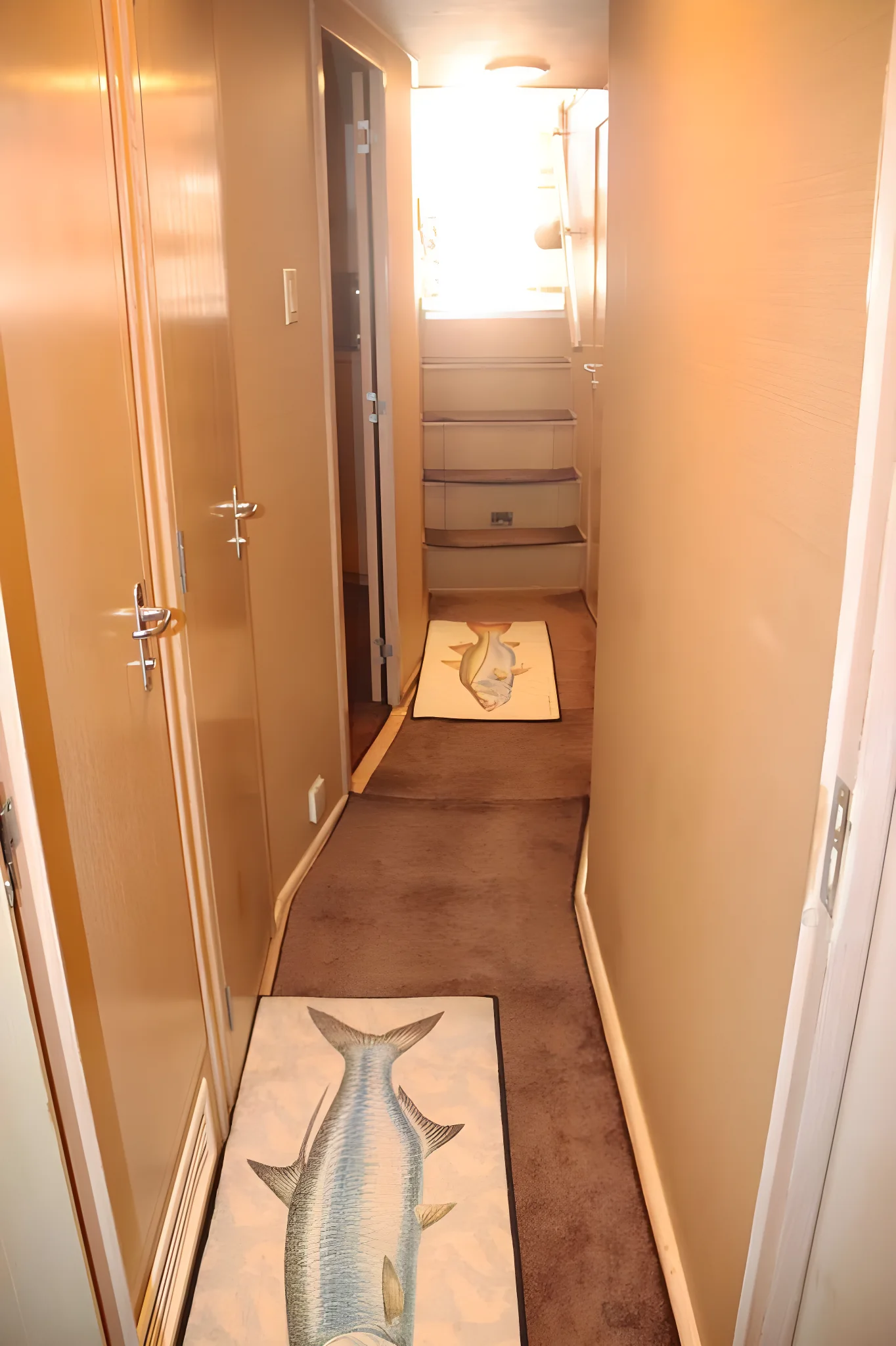 Pasillo interior del yate Addie con alfombras decorativas y acceso a cabinas.