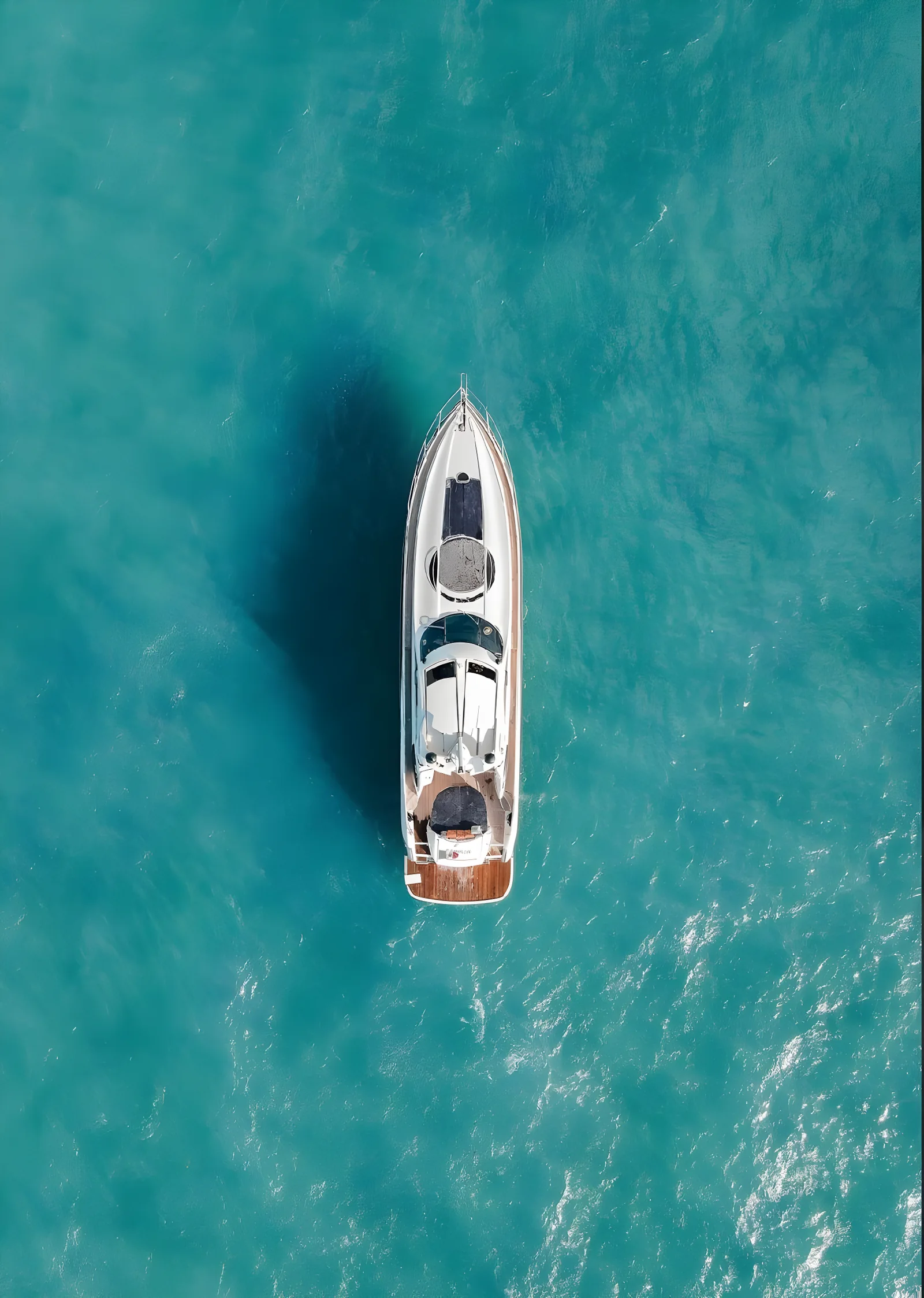 Vista aérea cenital del yate Gambler de 75 pies flotando en agua turquesa cristalina.