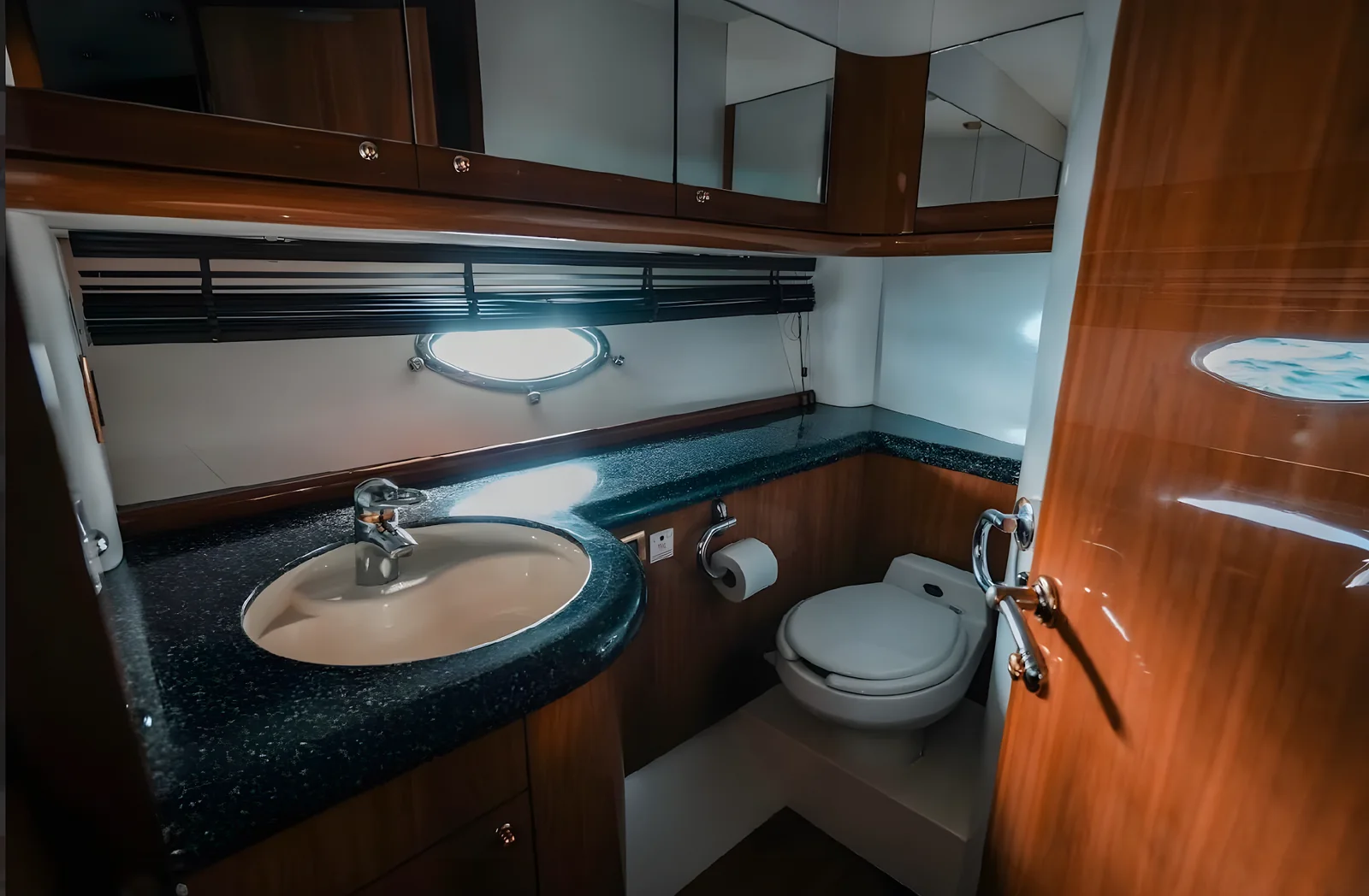 Baño del yate Gambler de 75 pies con lavabo, inodoro y espejos.