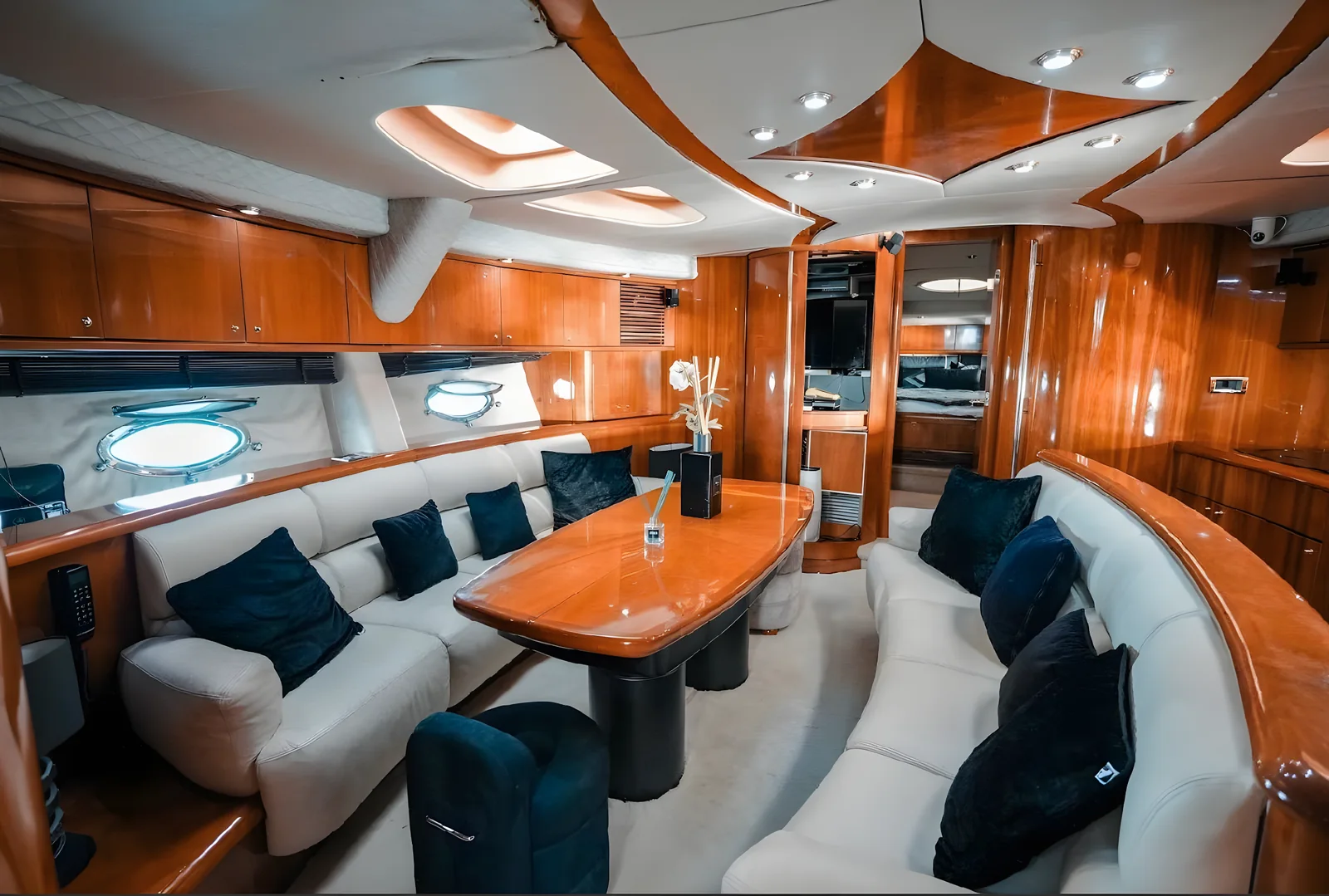 Comedor interior del yate Gambler de 75 pies con madera y sofás curvos.