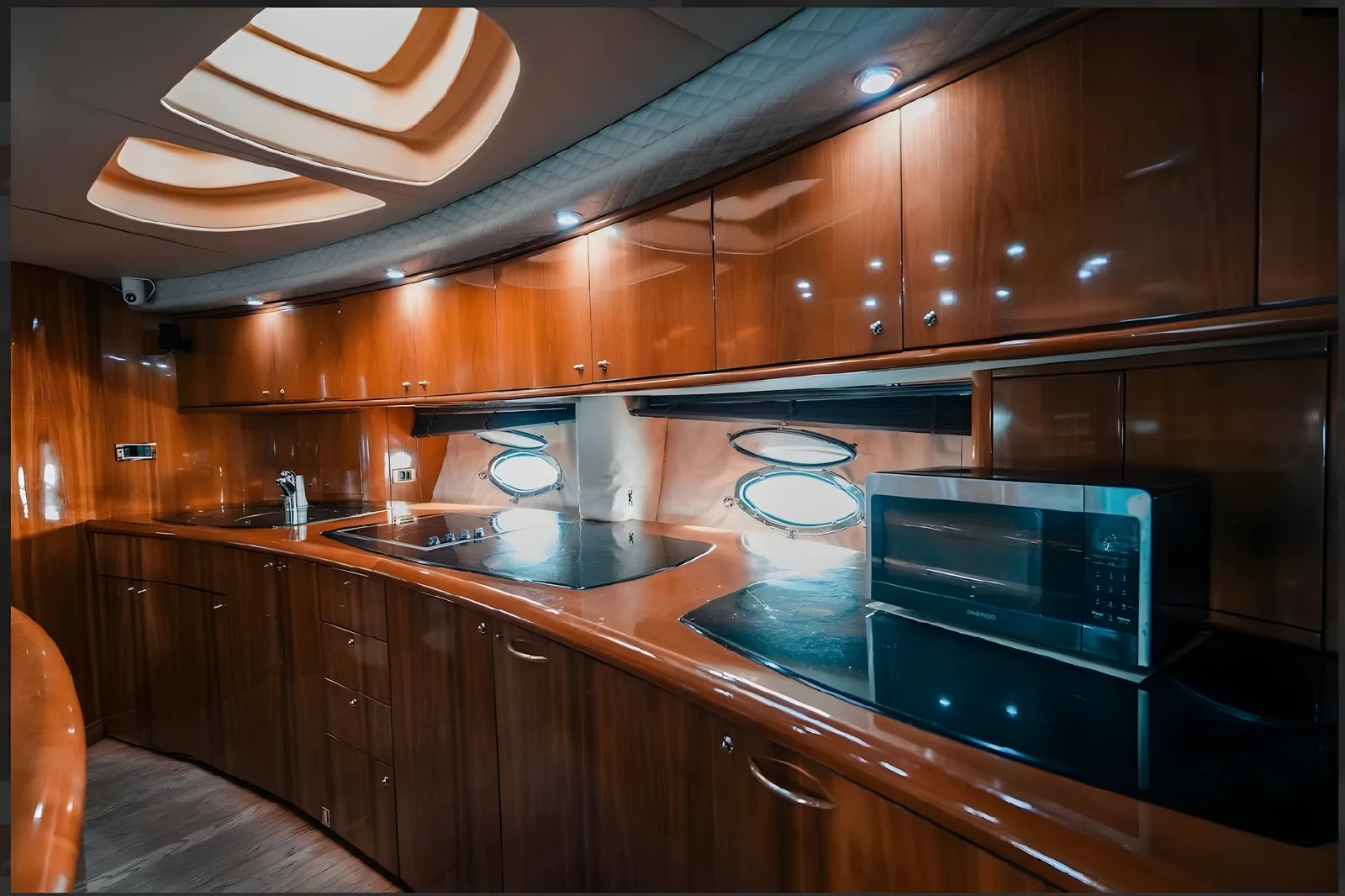 Cocina del yate Gambler de 75 pies con gabinetes de madera, horno y ojos de buey.