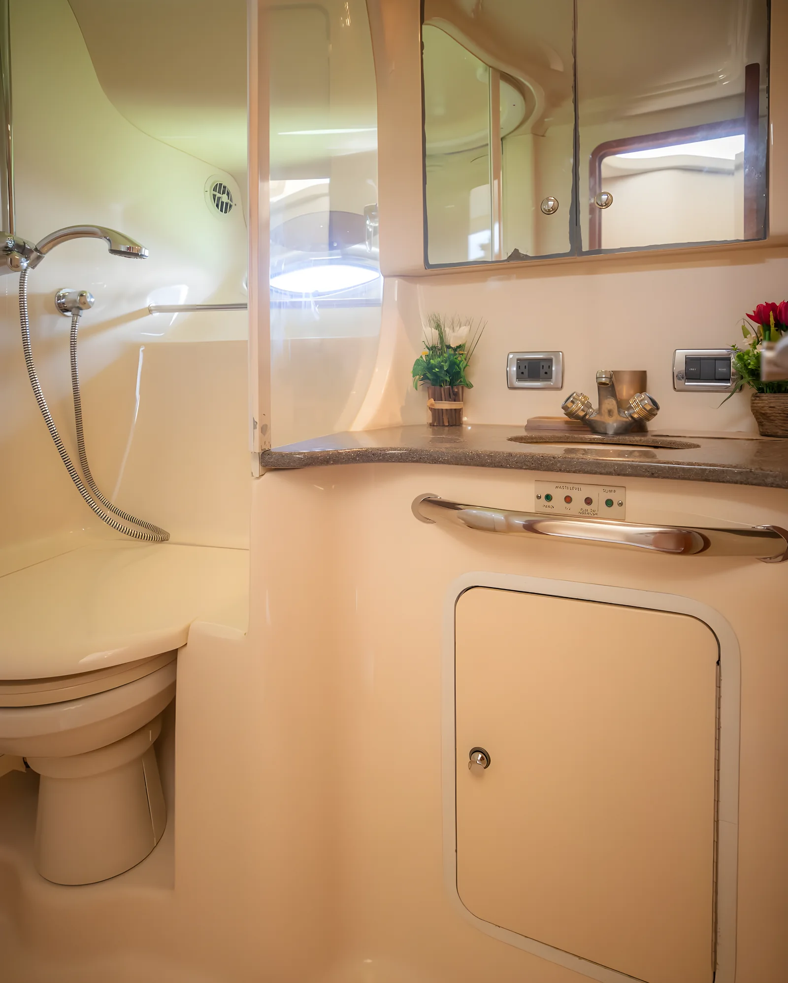 Baño del yate Hercules 46ft Fly con inodoro, ducha, lavabo y acabados claros.