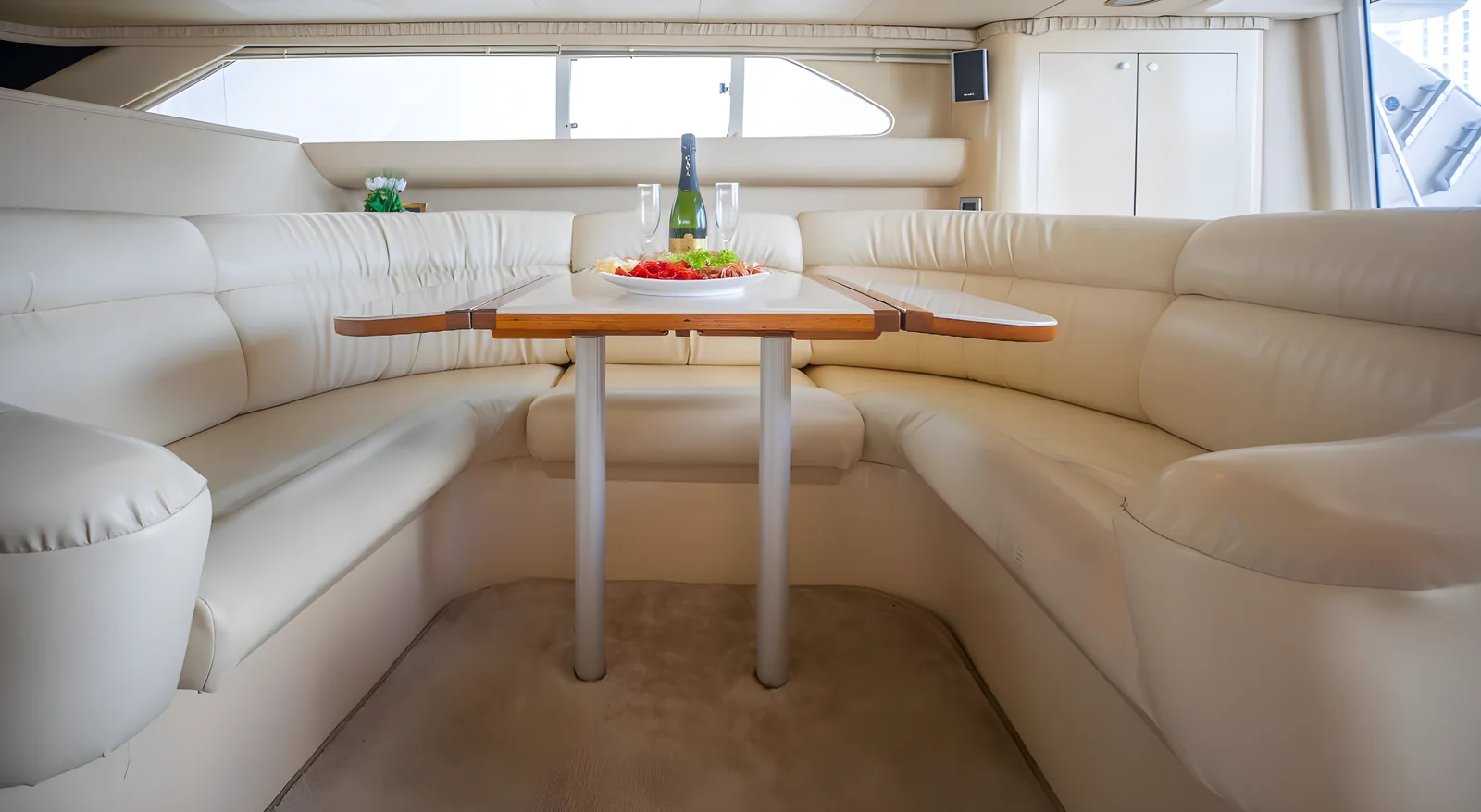 Interior del yate Polo Player con lounge en U, mesa con champagne y fruta.