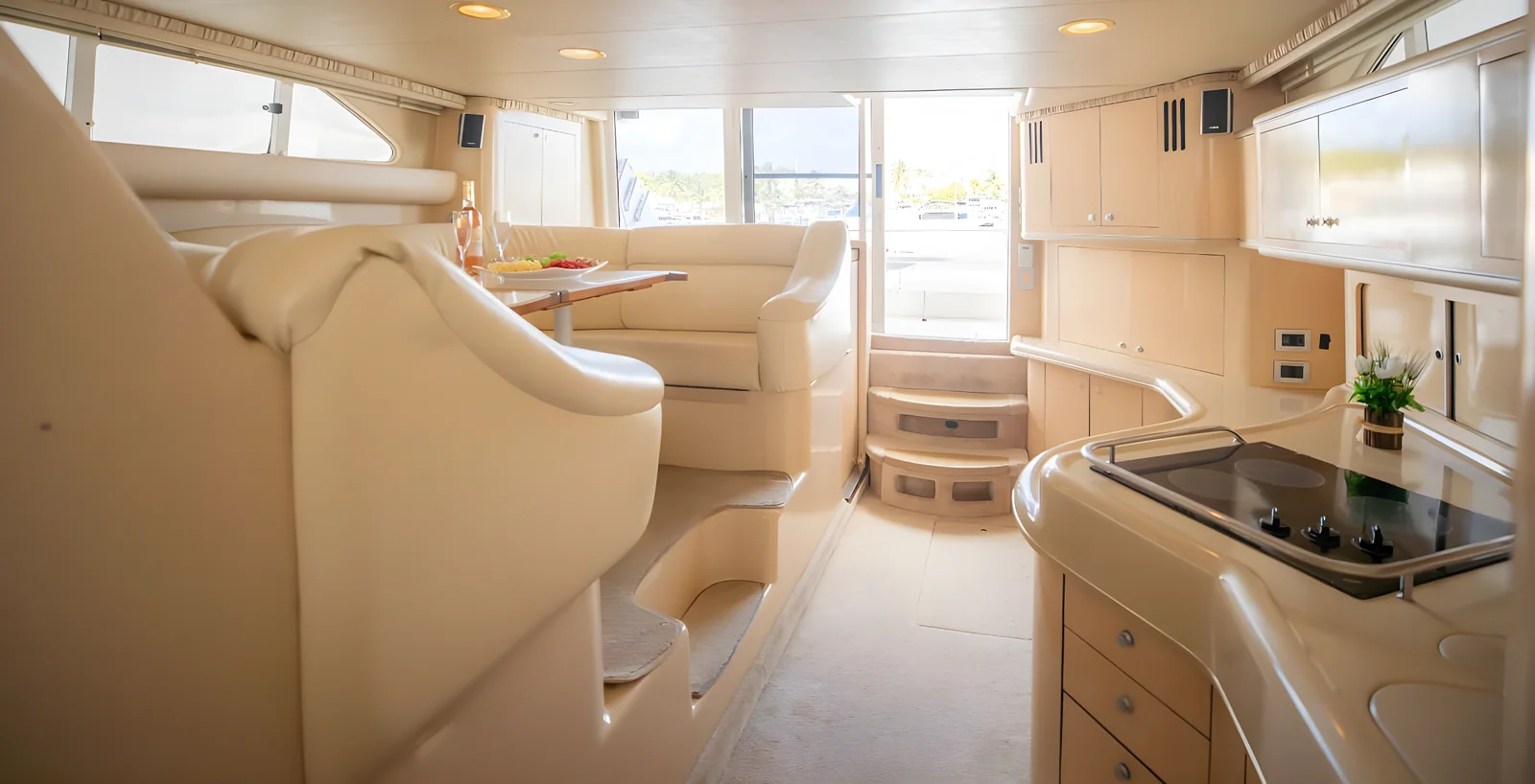 Salón interior del yate Polo Player de 46 pies con comedor y cocina integrados.