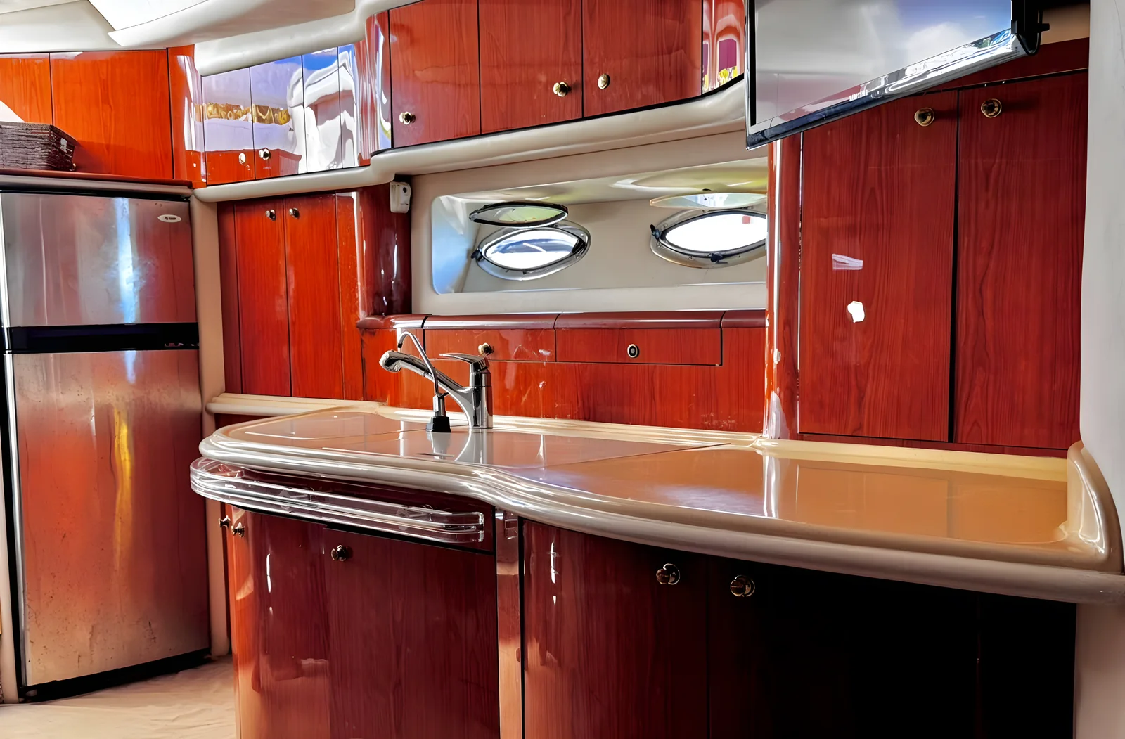 Cocina del yate Seawhale de 60 pies con gabinetes de madera y refrigerador.